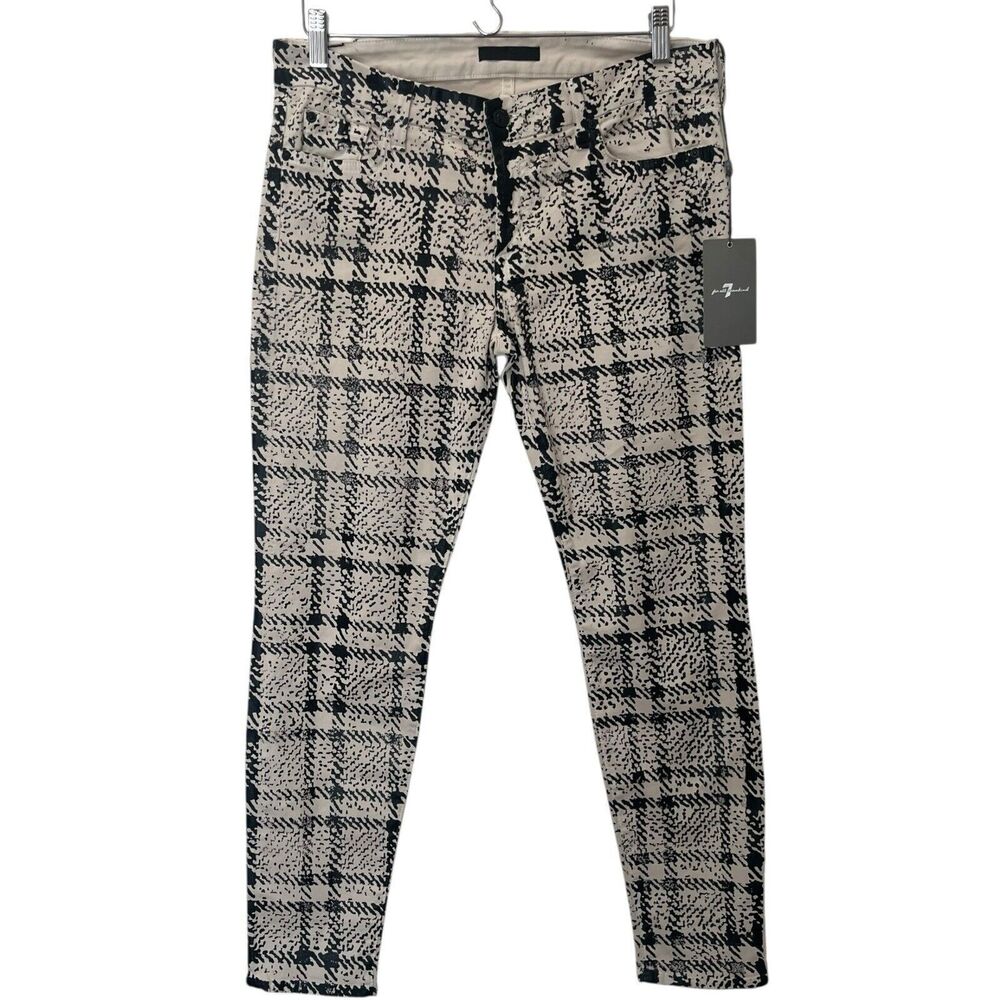 7 for All Mankind Size 31‎ White/Black Houndstooth Plaid Coated Skinny Pants NWT
